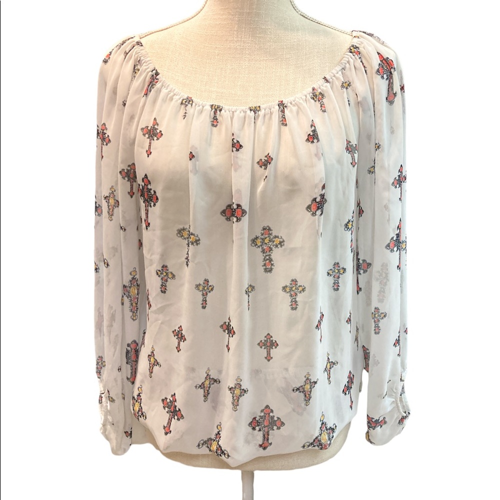 Emma Rose White Sheer Colorful Cross Blouse